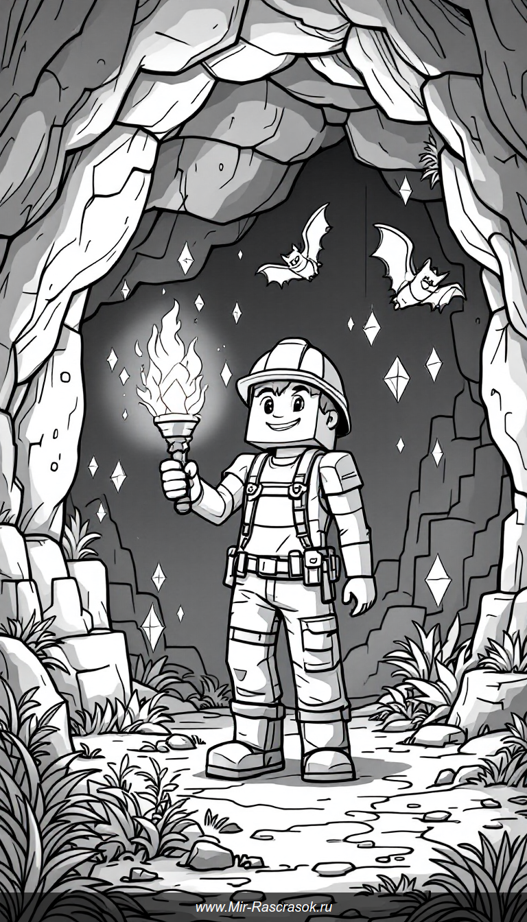 Погрузитесь в увлекательное приключение по исследованию пещер в Майнкрафте с яркими факелами в руках Освещайте путь 🕯️ находите драгоценные камни 💎 и встречайте дружелюбных летучих мышей 🦇 Идеально для детского творчества и игры в мир кубиков