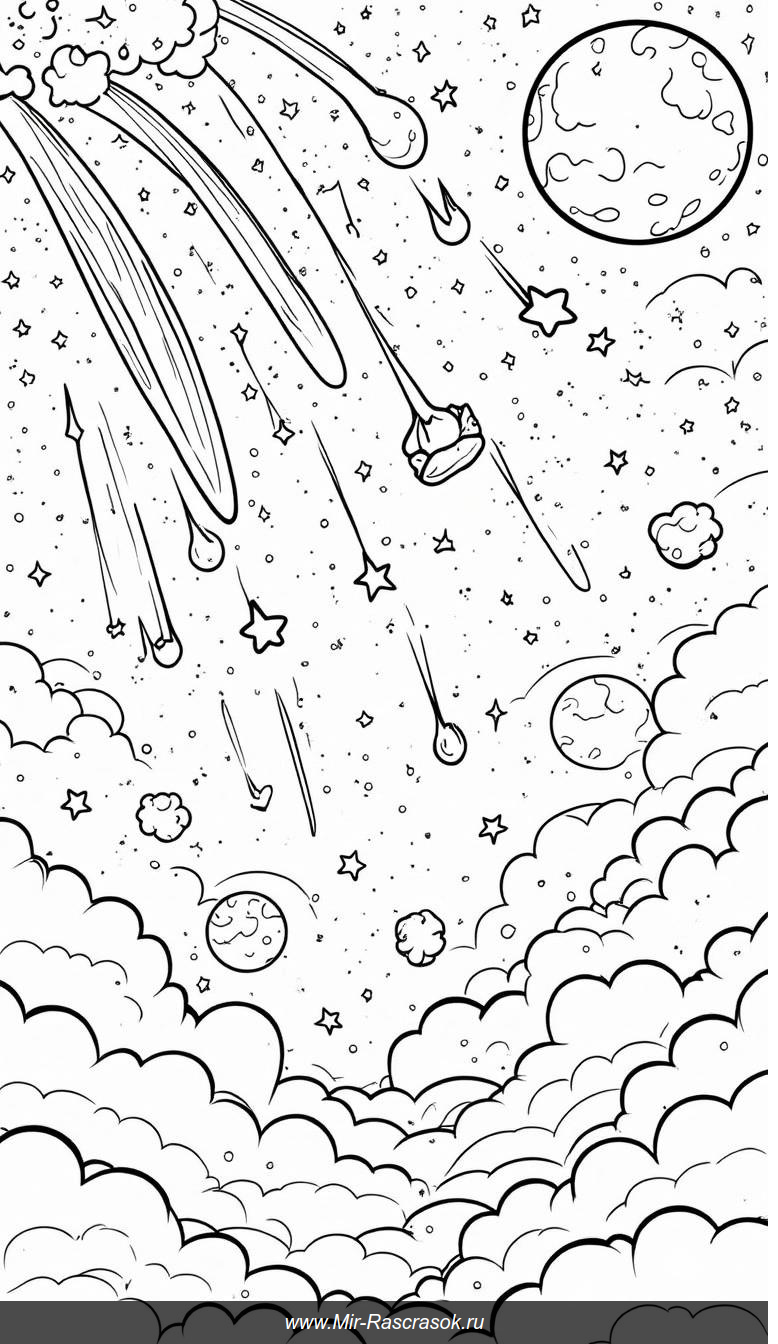 Раскраска ночного неба с кометами и метеорами