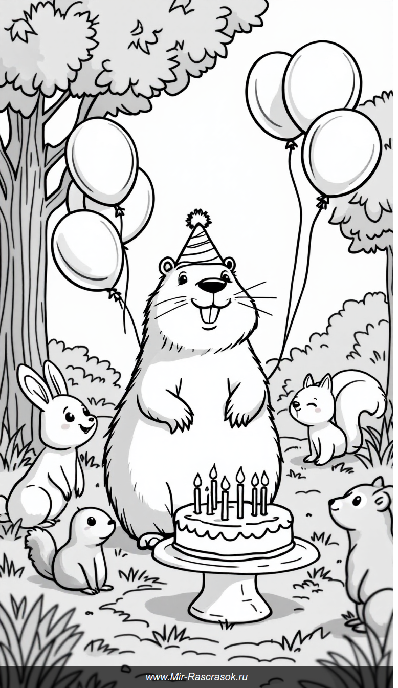 Весёлый день рождения капибары и её друзей в раскраске для детей