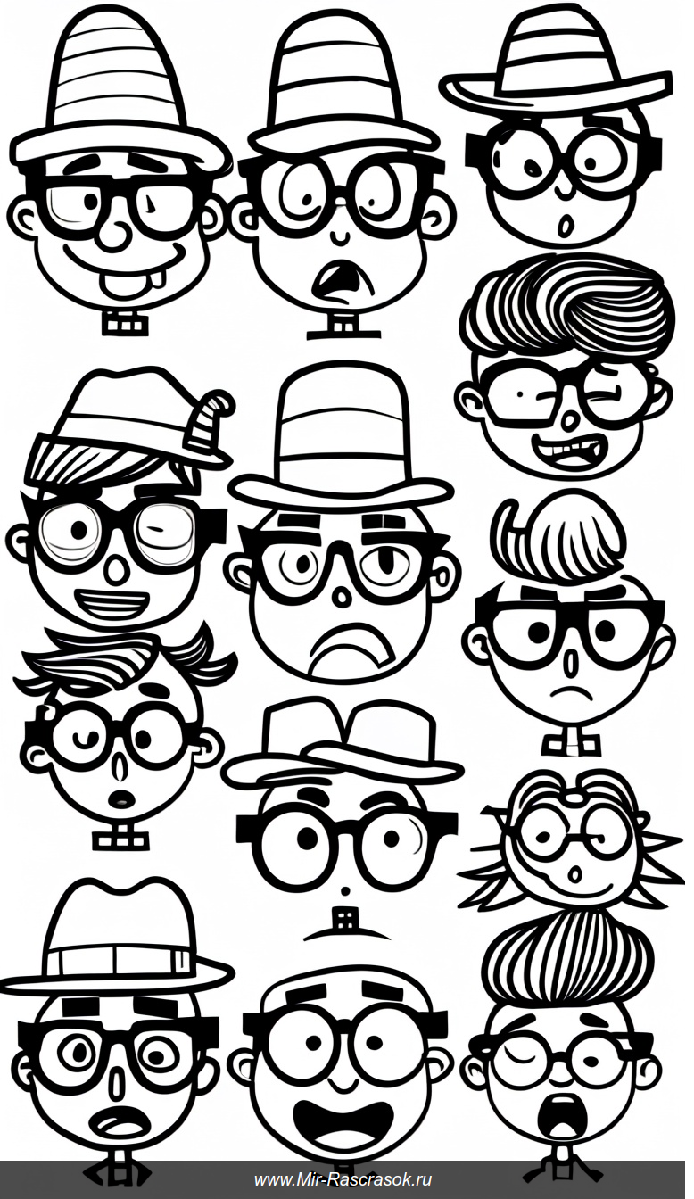 Весёлые лица для раскраски с шутливыми шляпами и смешными очками