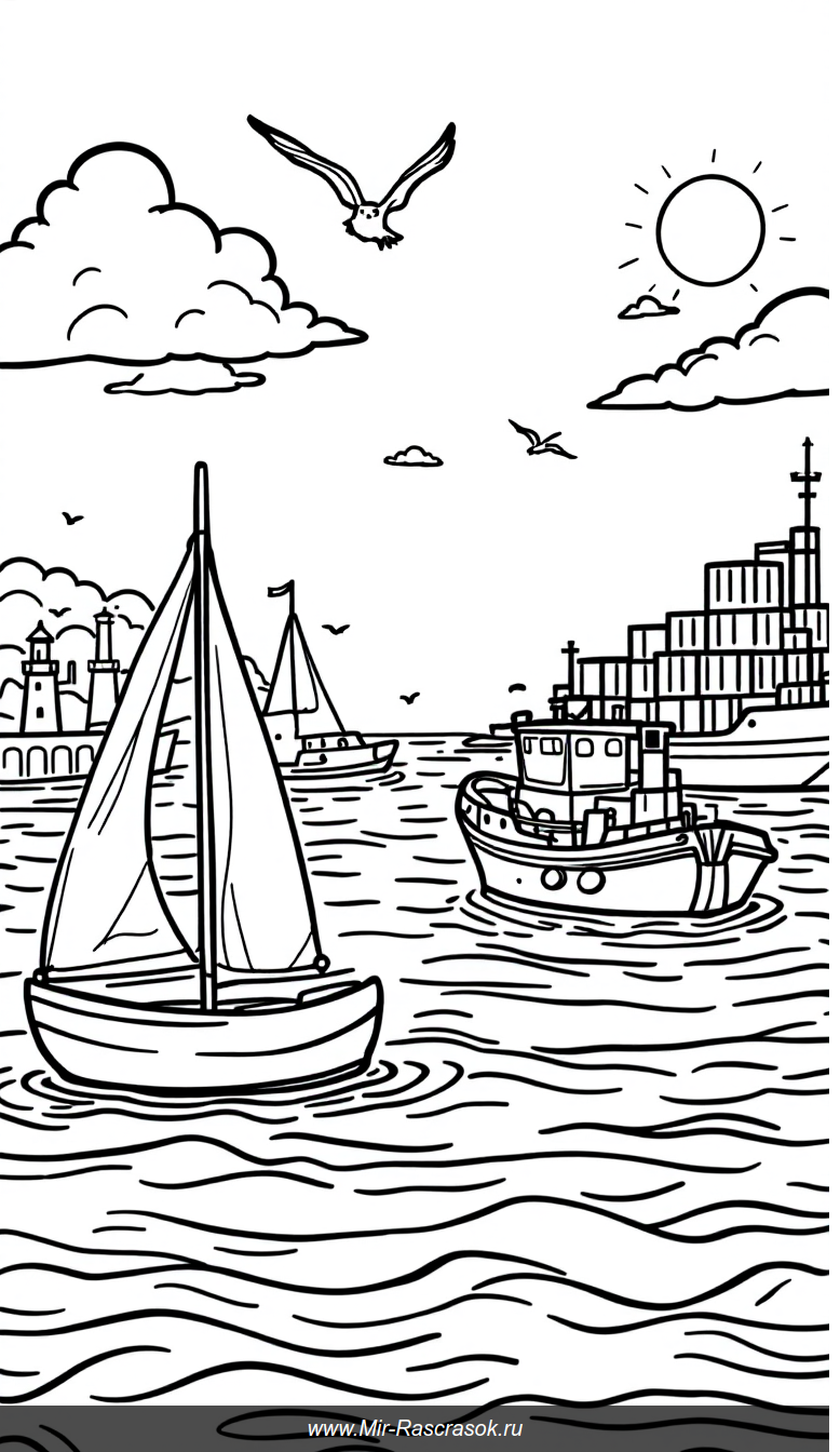 Раскраска с видом на спокойную гавань с лодками и маяком для детей