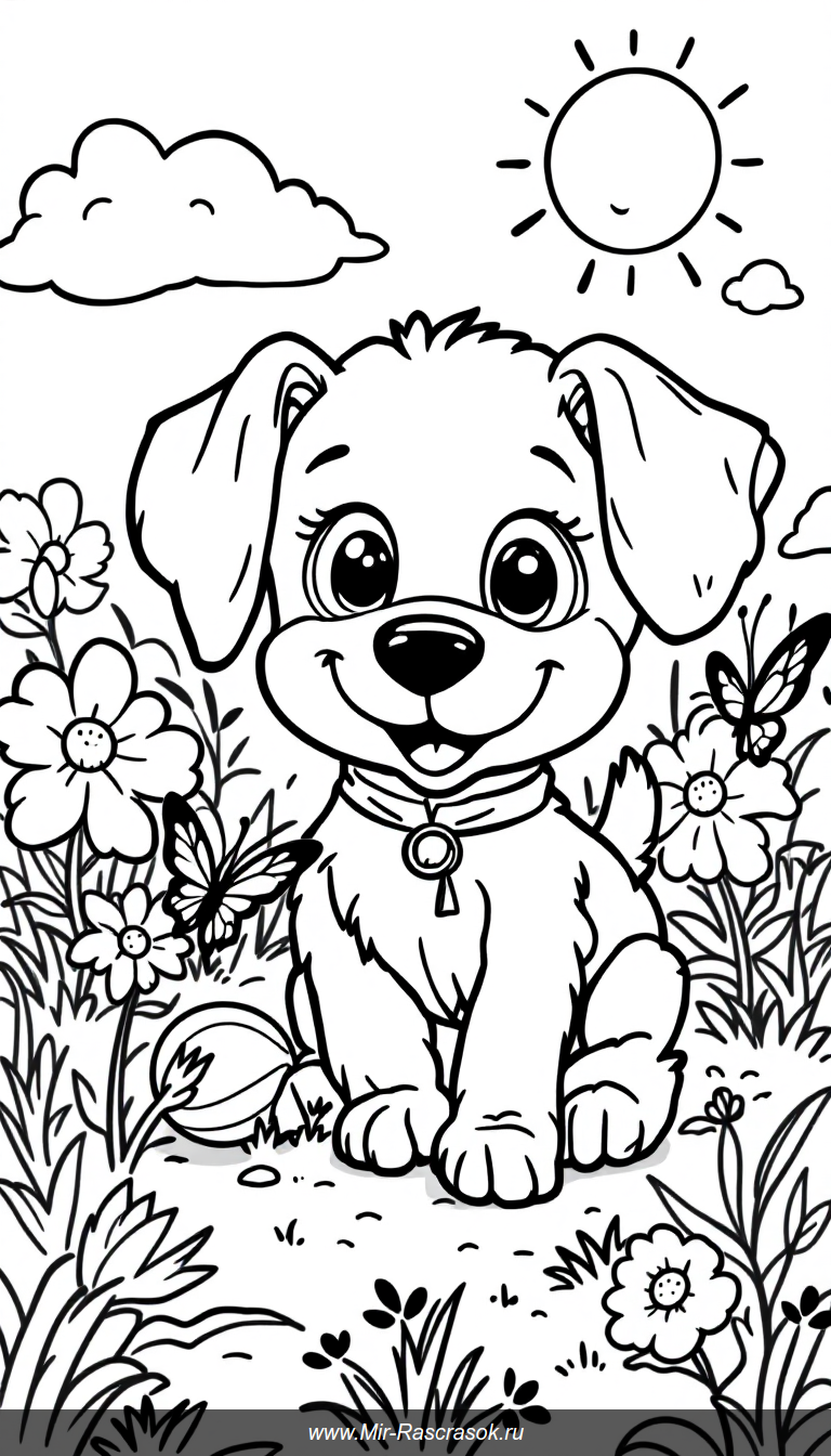 Погрузитесь в мир веселых игр щенка 🌼🐶 В нашей раскраске щенок гоняется за бабочкой на солнечном лугу 🌞 Простые и яркие линии помогут детям развивать творческие навыки и радоваться ярким моментам детства 🎨🖍️ Идеально для малышей и любителей щенков 🐕