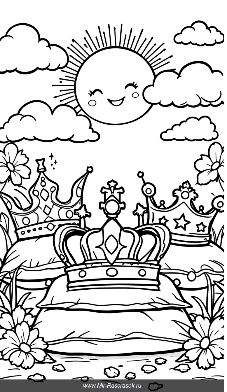 Короны на подушках Радостная раскраска для малышей с солнцем и цветами