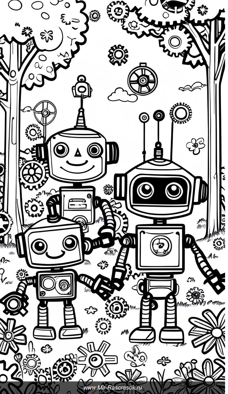 Раскраска с милыми роботами в волшебном парке среди цветов и шестерёнок