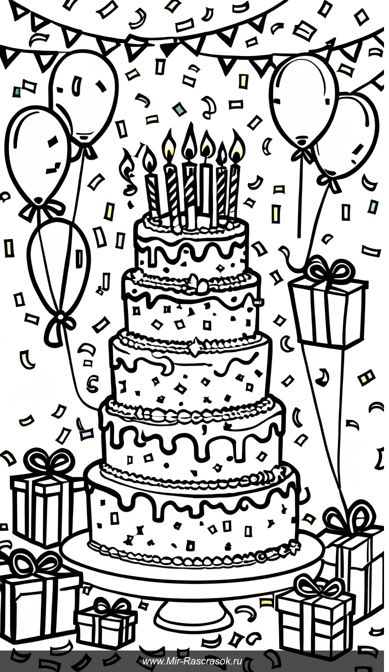 Раскраска праздничного дня рождения с тортом свечами шариками и радостными детьми