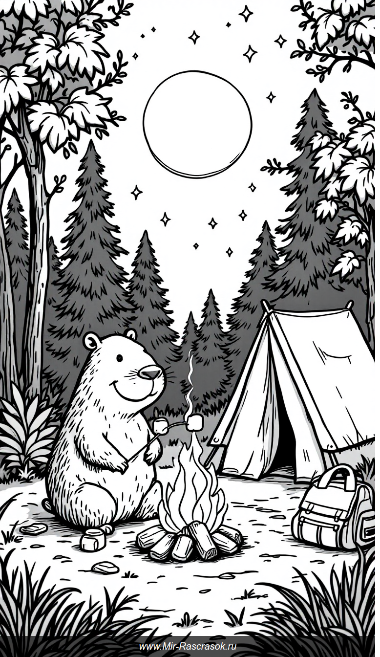 Весёлая капибара у костра в лесу раскраска для детей