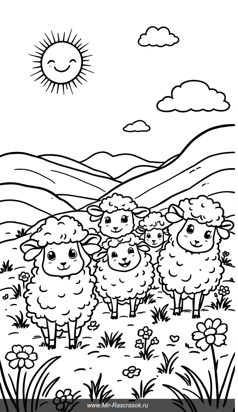 Веселые овечки на солнечной лужайке раскраска для детей
