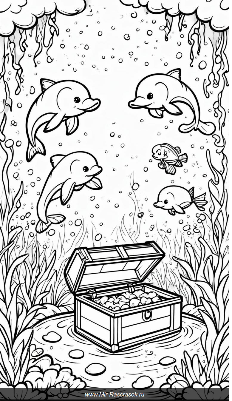 Подводный мир раскраски с дельфинами и сокровищами