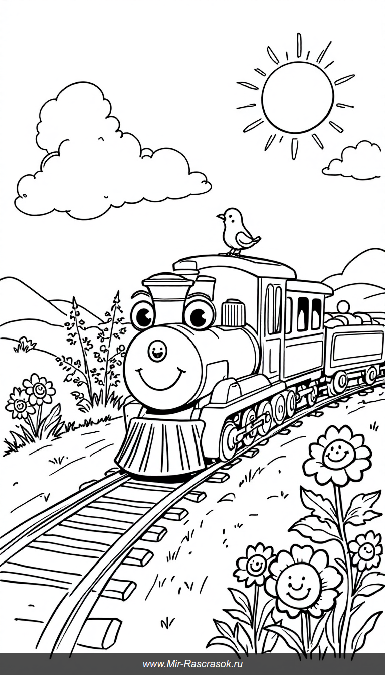 Веселый поезд на солнечном дне раскраска для детей