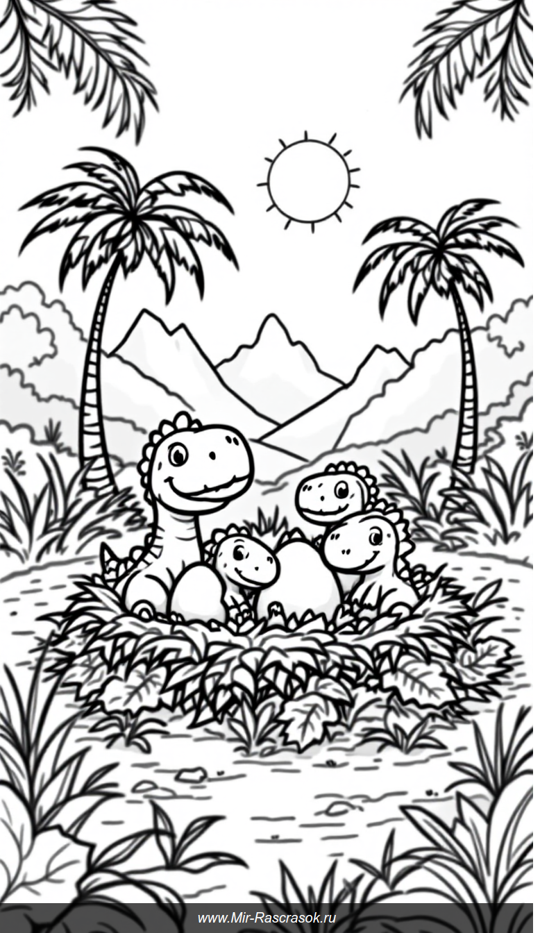 Раскраска для малышей Динозаврики в уютном гнезде среди доисторического леса