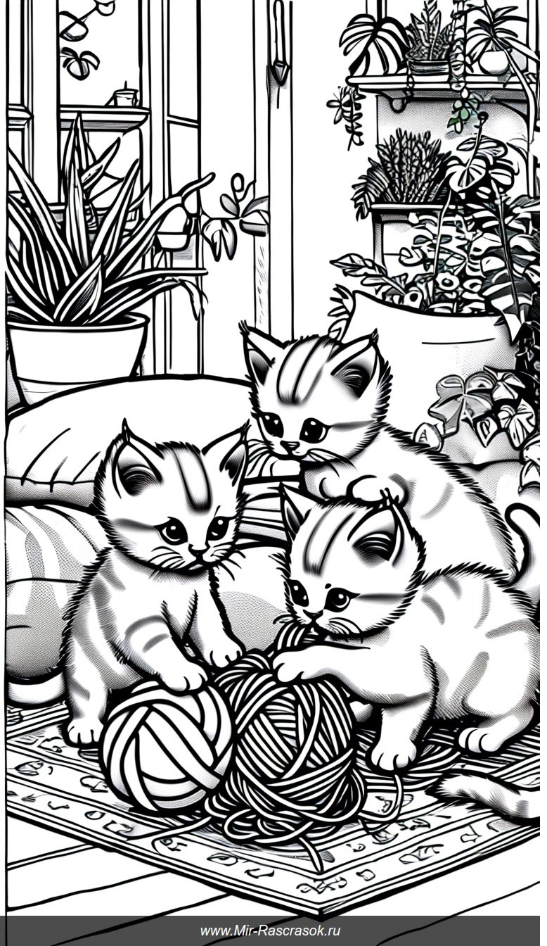 Три милых котенка играют с клубками пряжи в уютной комнате