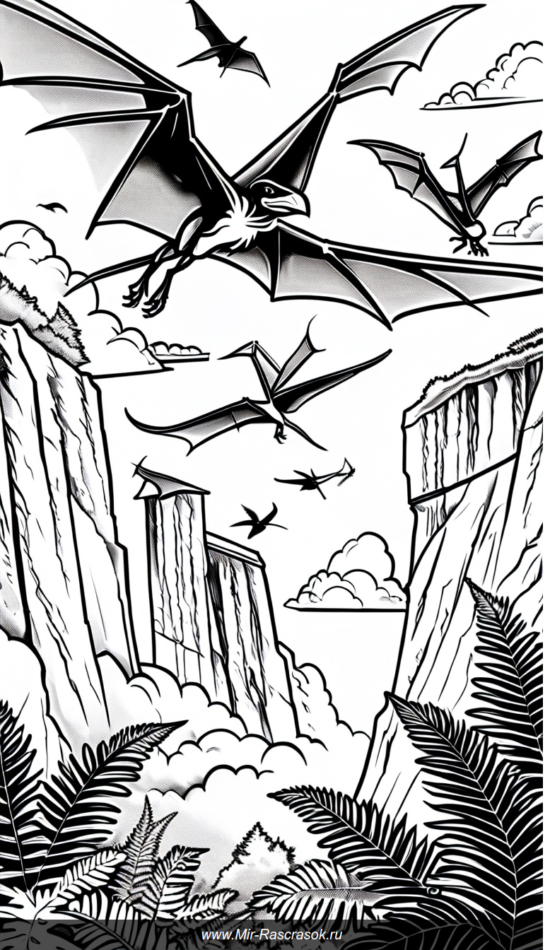 Раскраска с летающими птеродактилями над доисторическими утёсами