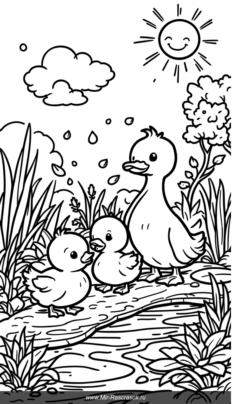 Веселая мамаша утка и её утята на берегу пруда для раскрашивания