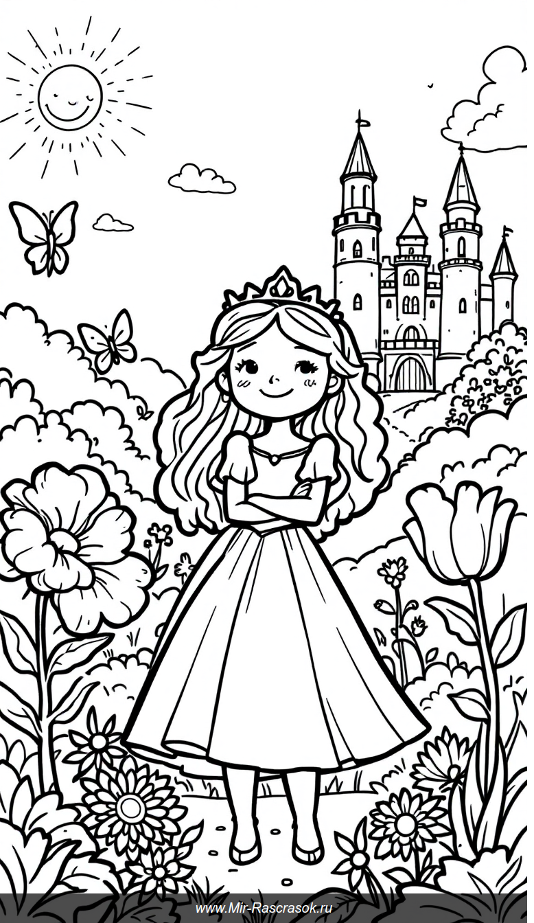 Весёлая принцесса в солнечном саду раскраска для малышей