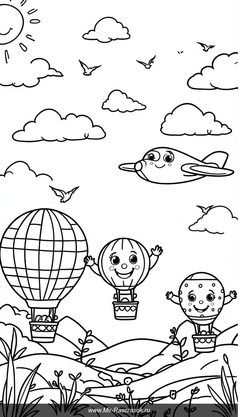 Веселое небо для раскраски с самолетами и воздушными шарами