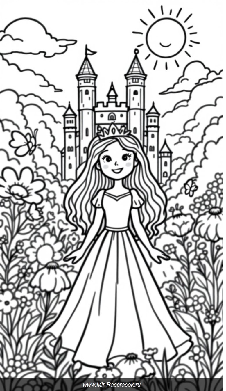 Весёлое раскрашивание принцессы в волшебном саду с замком и бабочками