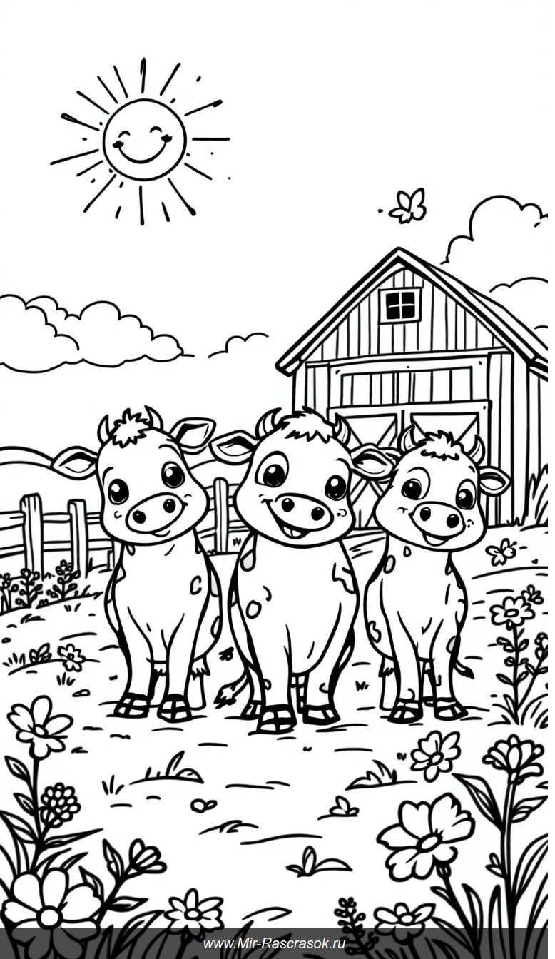 Веселая ферма для раскрашивания с улыбающимися коровами и ярким солнцем