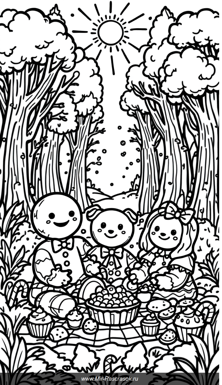 Весёлая раскраска с печеньковыми друзьями на пикнике в волшебном лесу