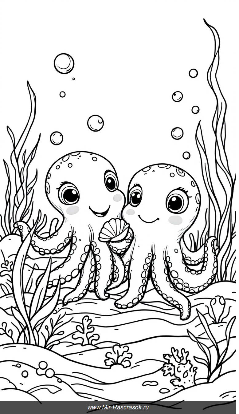 Две дружелюбные осьминожки под морем в раскраске для детей