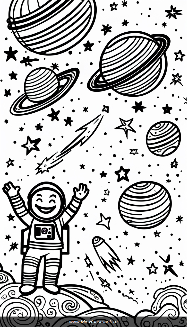Раскраска с улыбчивыми планетами и дружелюбным космонавтом в волшебном космосе