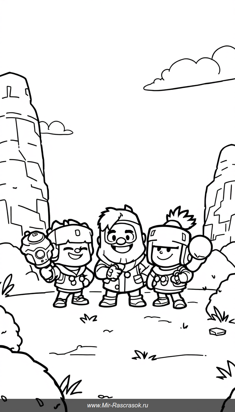 Открой для ребенка мир Brawl Stars с яркой раскраской 🖍️ Три знакомых героя в простой и дружелюбной сцене создадут настроение радости и творчества 🎨 Простые линии и четкие контуры помогут развить моторику и фантазию малыша 🌟 Идеально для детей, любящих игры и творчество!
