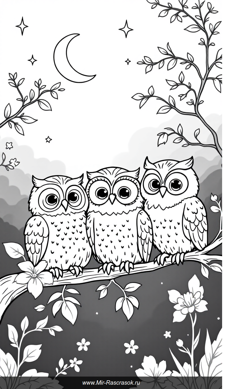 Раскраска с милыми совами на ветке под луной для детей