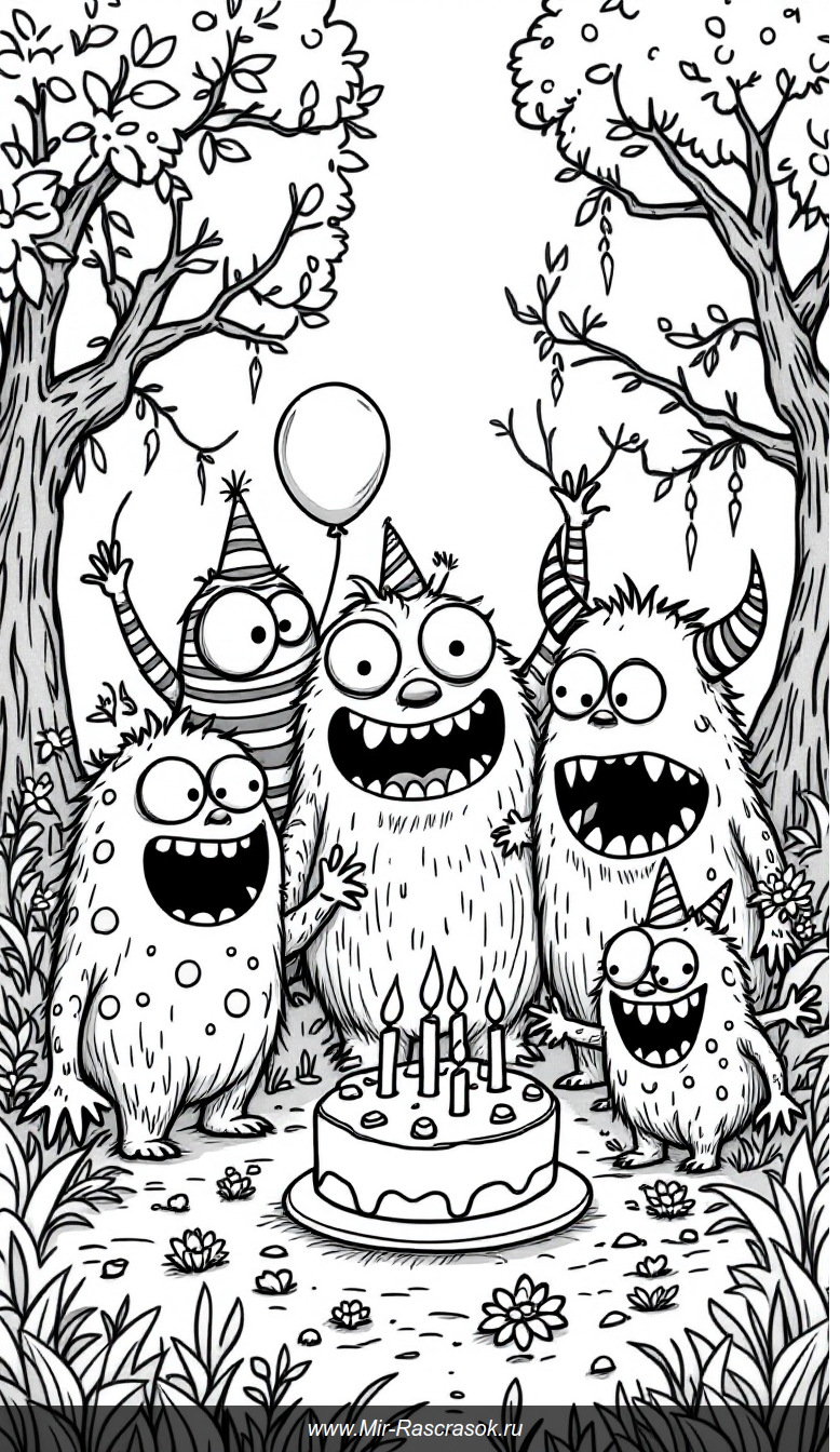 Веселая вечеринка монстров в сказочном лесу для раскрашивания