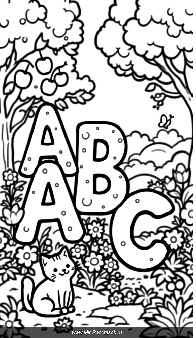Веселый летний парк с буквами А Б В для раскрашивания и обучения детей