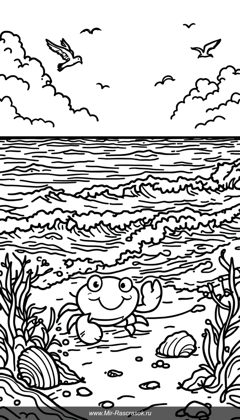 Погрузитесь в мир океанских волн с нашим раскрашиванием для детей 🌊🦀 Простые и дружелюбные рисунки, как улыбающийся краб и морские ракушки, помогут развить фантазию и творческие навыки 🎨 Идеально для маленьких художников и любителей морской темы 🐚🌞