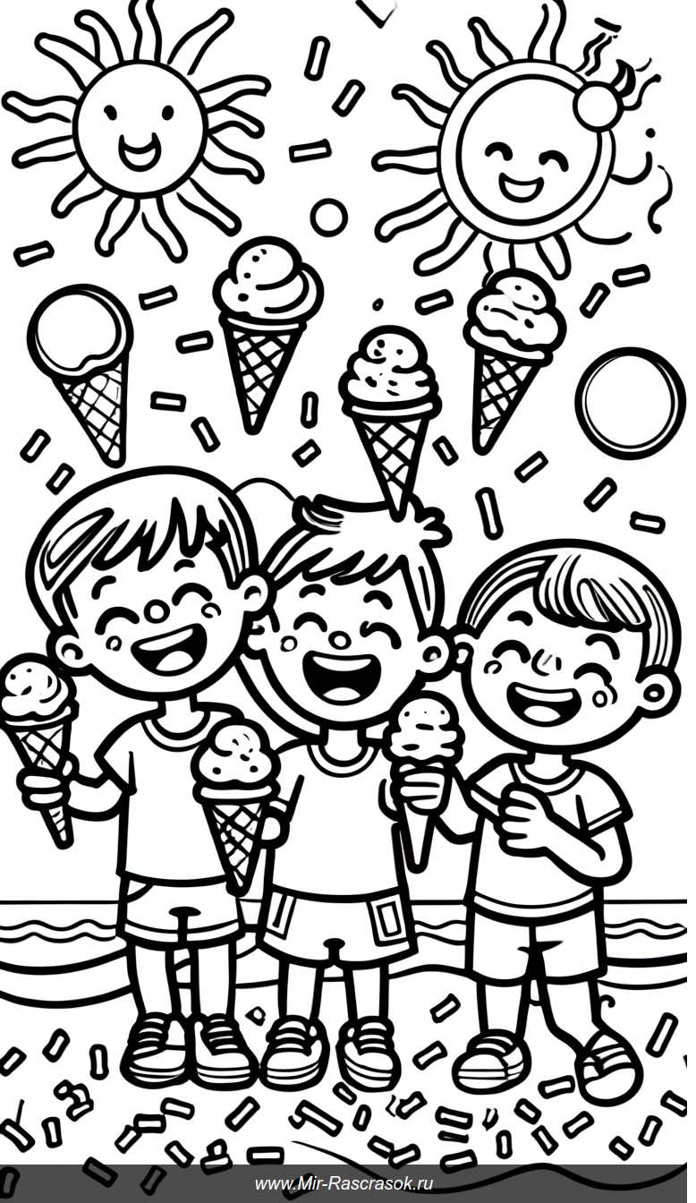 Радостные дети с мороженым в раскраске летние забавы и улыбки