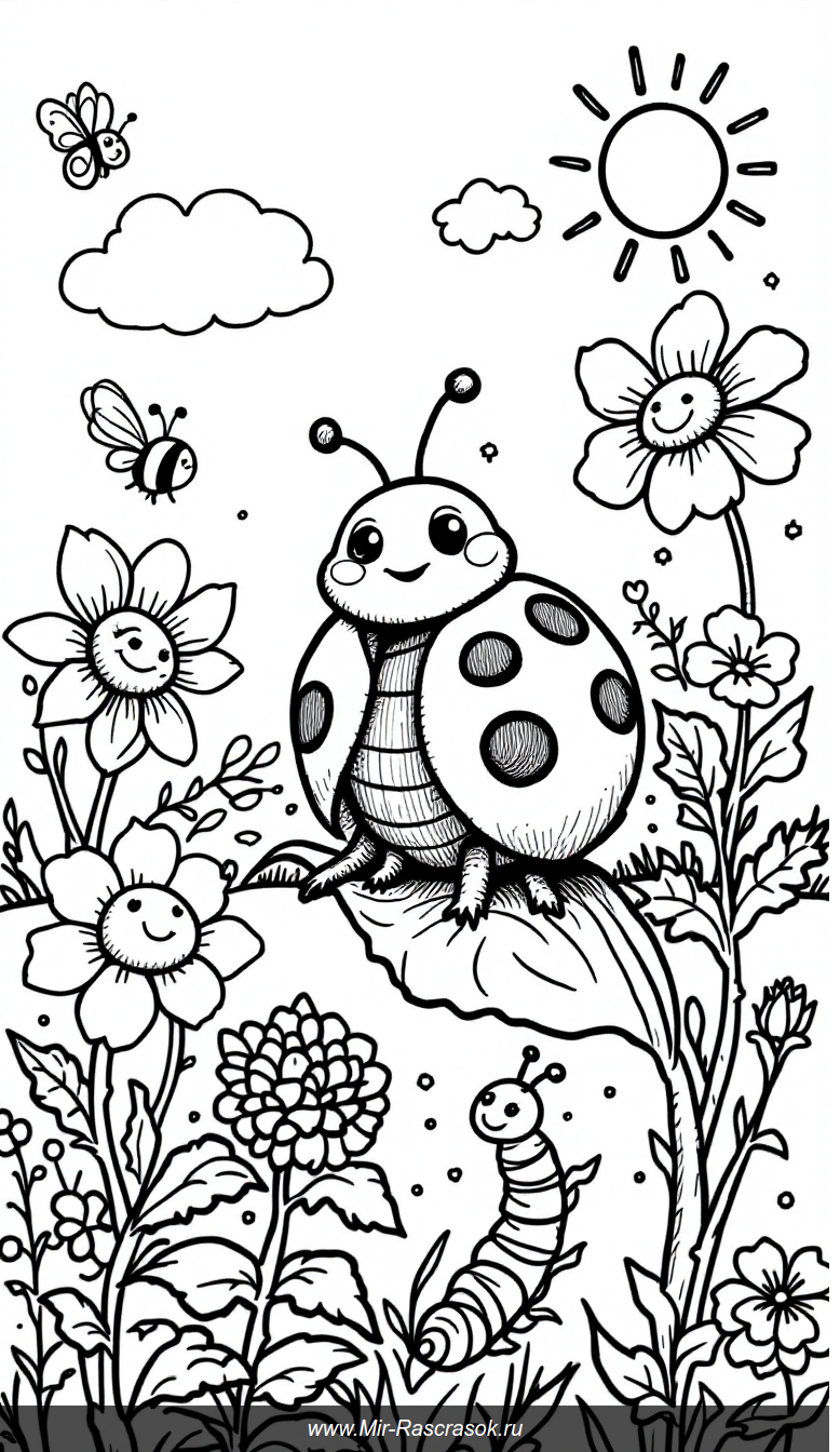 Веселый сад с божьими коровками и их друзьями для детской раскраски