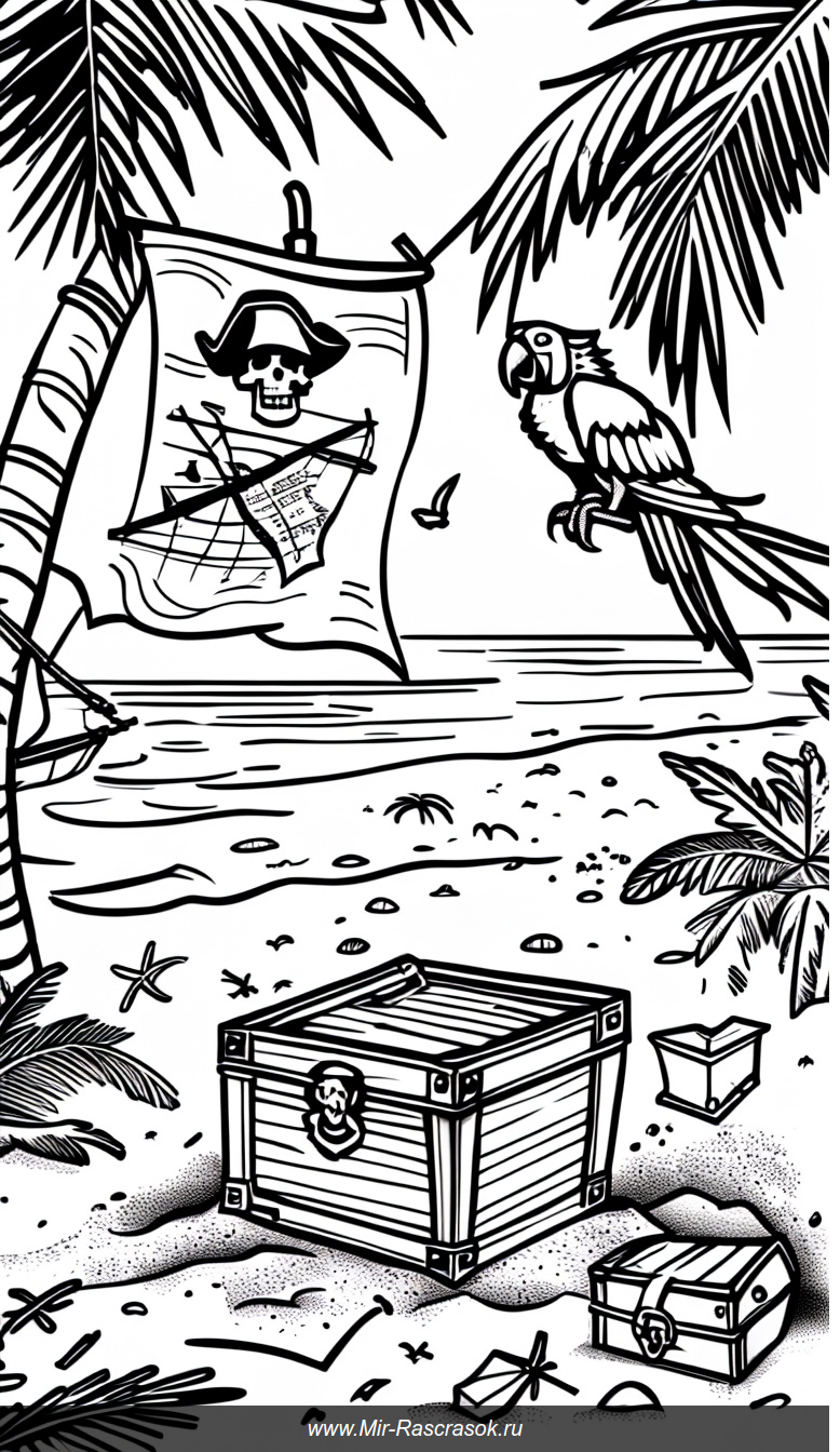 Оживший пиратский клад в раскраске с картой и попугаем