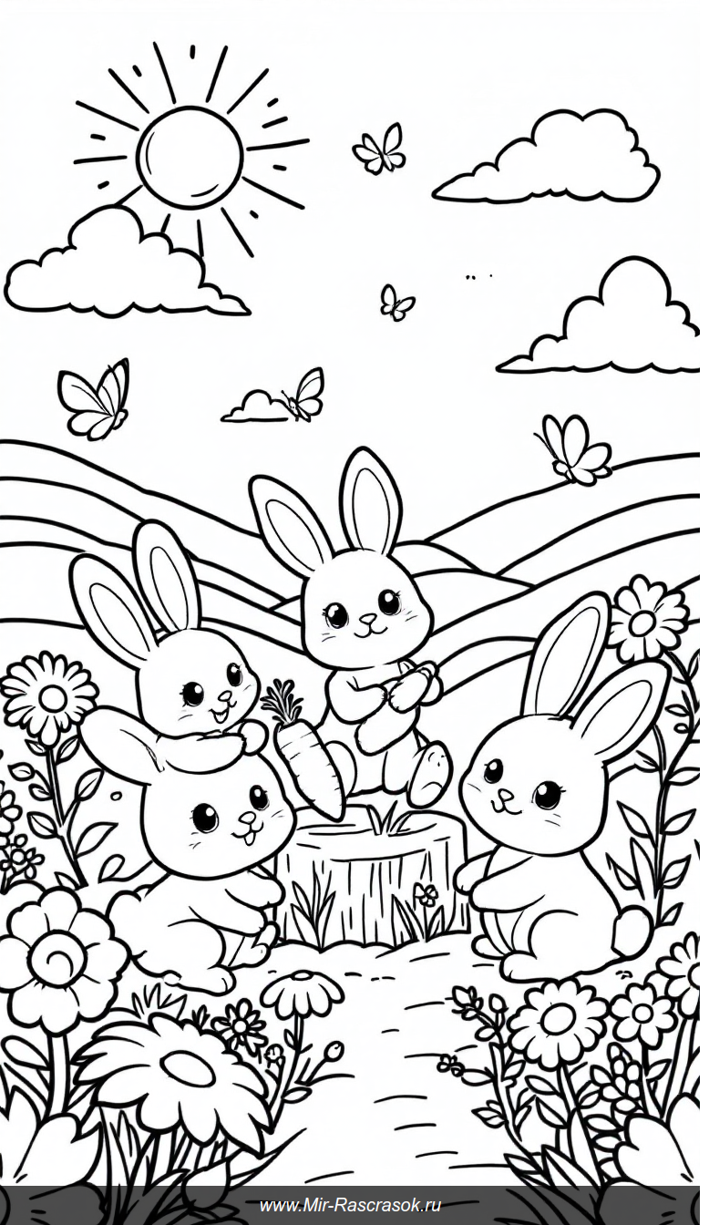 Веселые кролики в саду Раскраска для детей