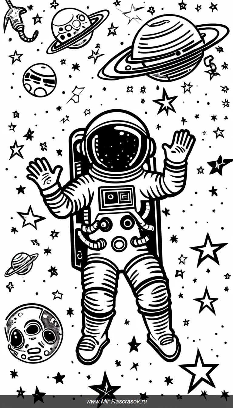 Космическое приключение: раскраска с астронавтом, звездными планетами и милым пришельцем