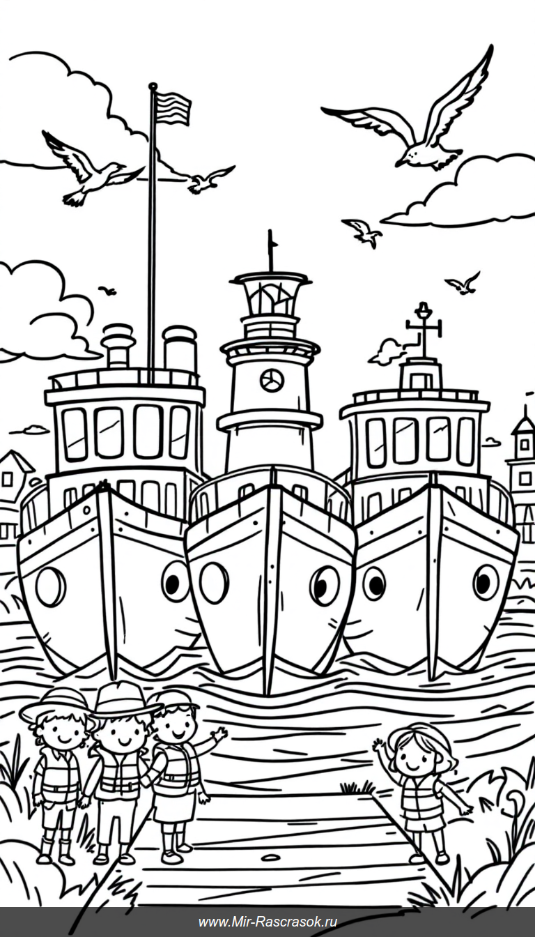 Раскраска для детей солнечный день в порту с большими кораблями и играющими детьми