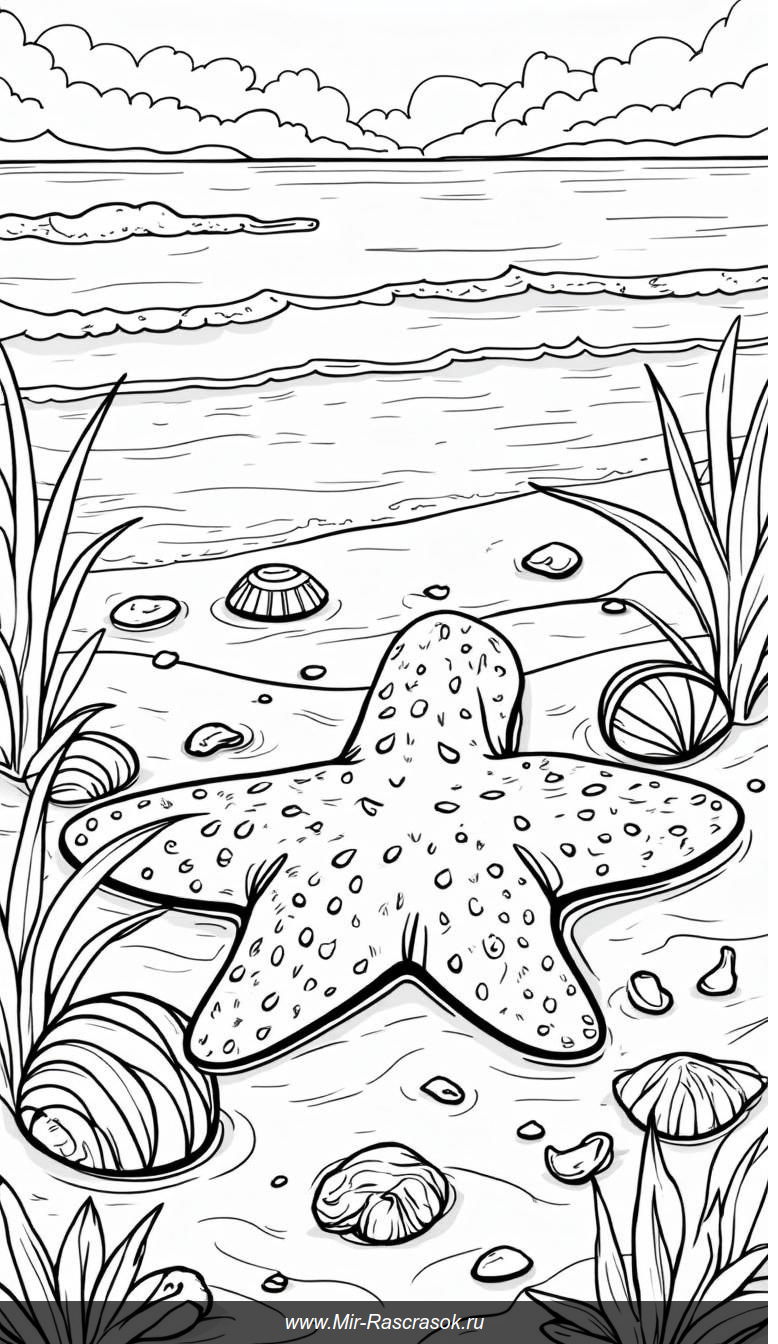 Подводный мир в раскраске: морская звезда и ракушки