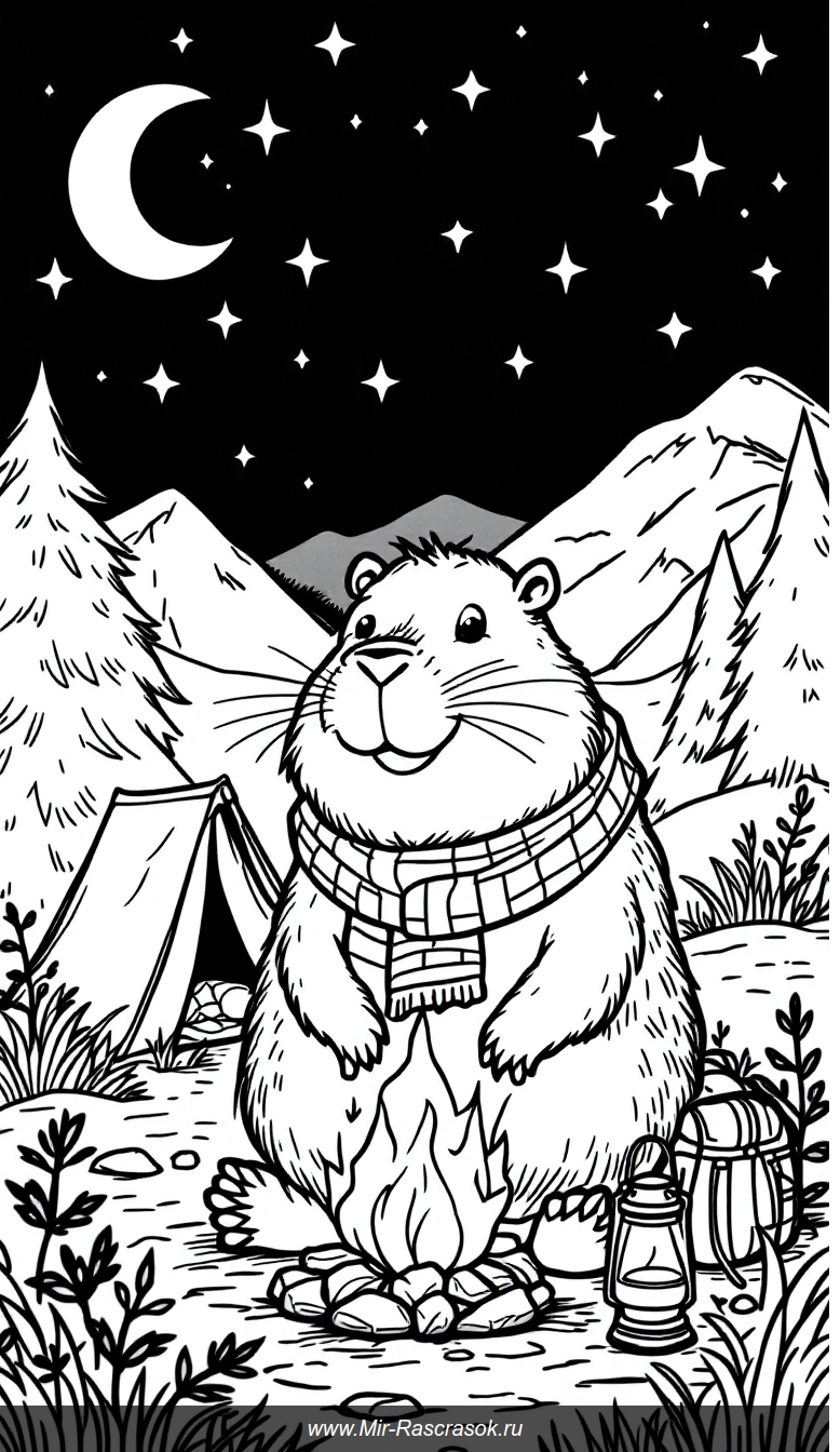 Счастливая капибара у костра в раскраске для детей