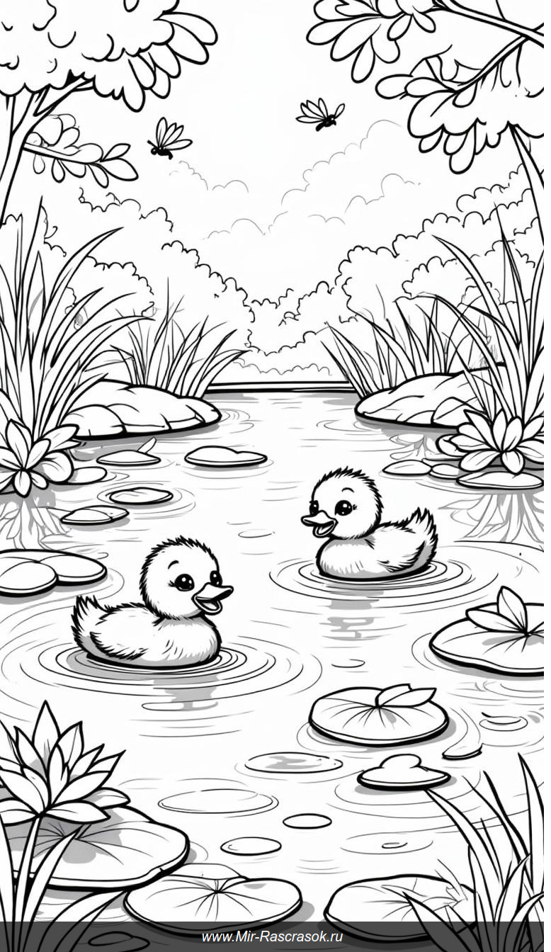 Радужные утята в уютном пруду раскраска на каждый день