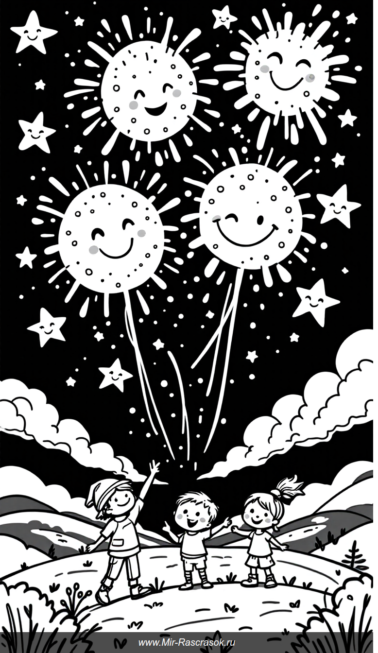 Веселый ночной салют и счастливые дети в книжке-раскраске для малышей