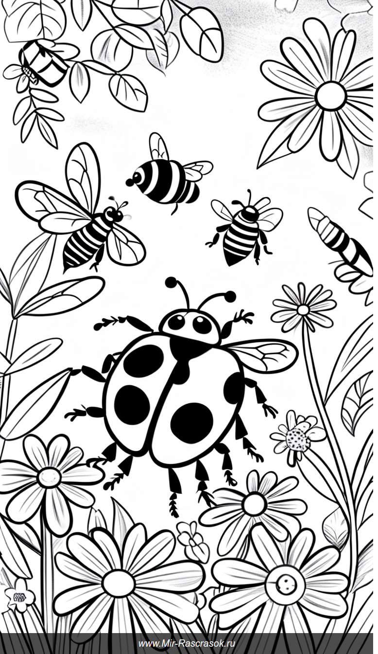 Раскраска с божьей коровкой и друзьями в сказочном саду