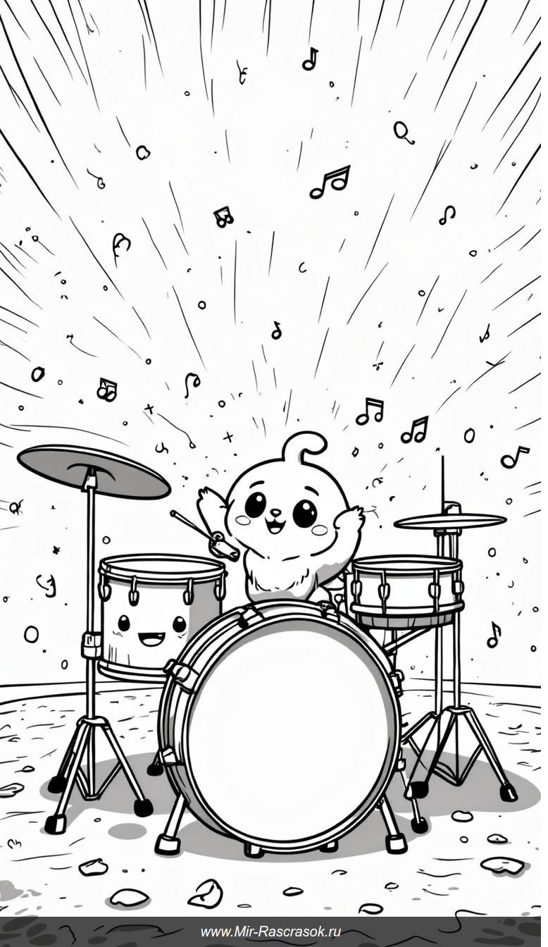 Радостные барабаны в раскраске с нотами и конфетти