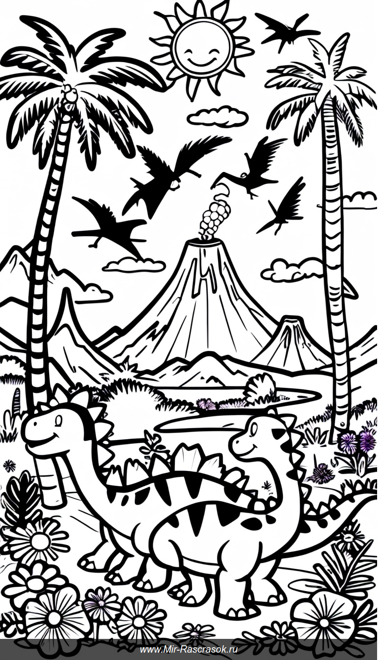 Раскраска с весёлыми динозаврами в доисторическом мире
