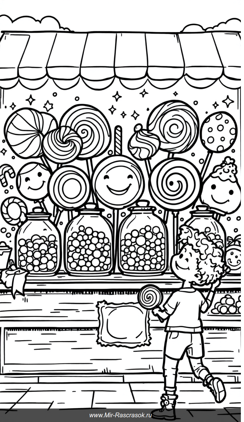 Весёлый магазин сладостей для раскрашивания детям