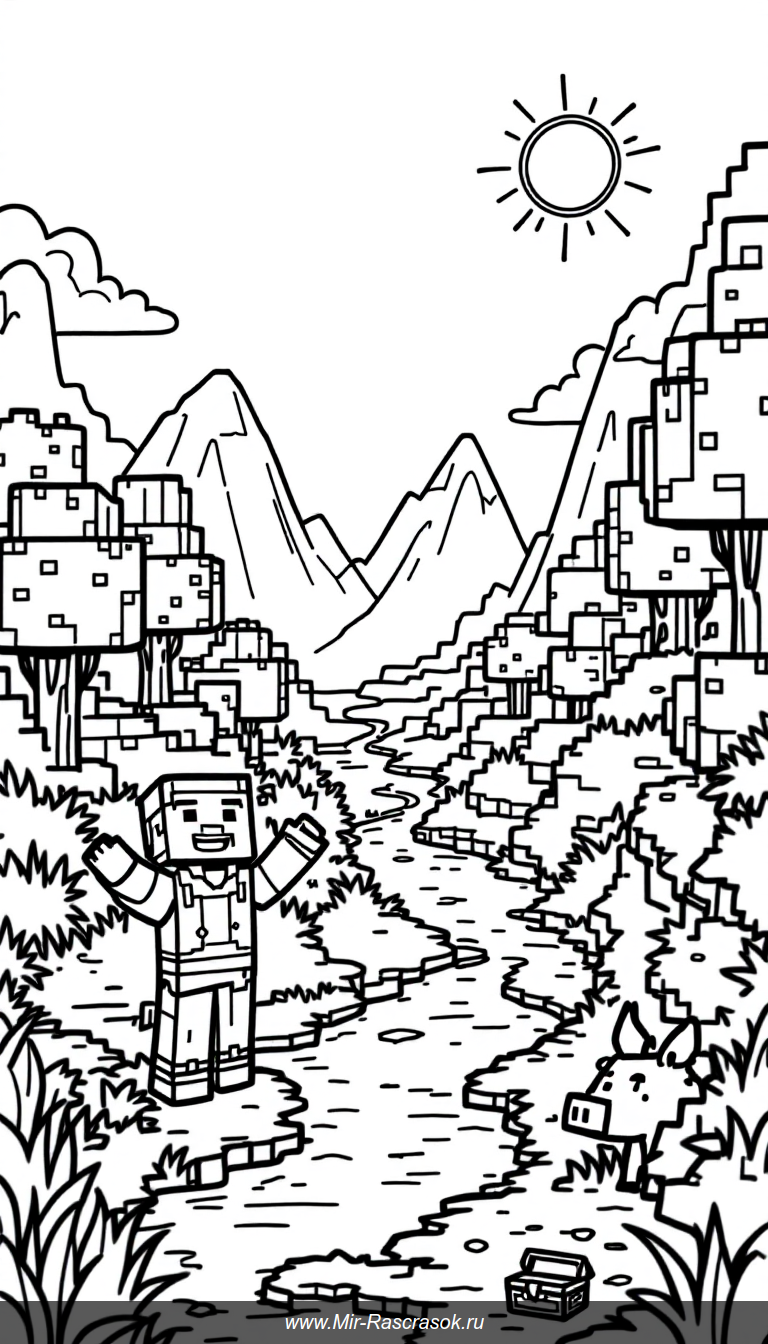 Погрузитесь в красочный мир Minecraft с нашей раскраской для детей 🌳🏞️👾 Простые и добрые линии помогут малышам развить воображение и улучшить моторику рук 🎨 Идеально для юных поклонников игры, которые любят творить в стиле Minecraft 🌟🐖🐄