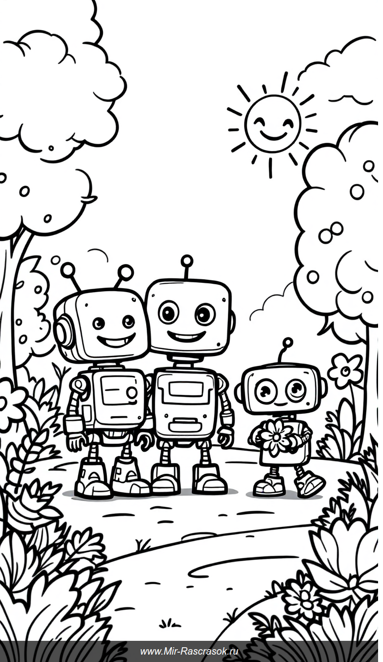 Дружелюбные роботы на солнечной прогулке в парке для детской раскраски