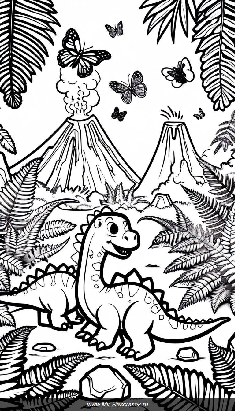 Раскраска с забавными детенышами динозавров в доисторическом лесу