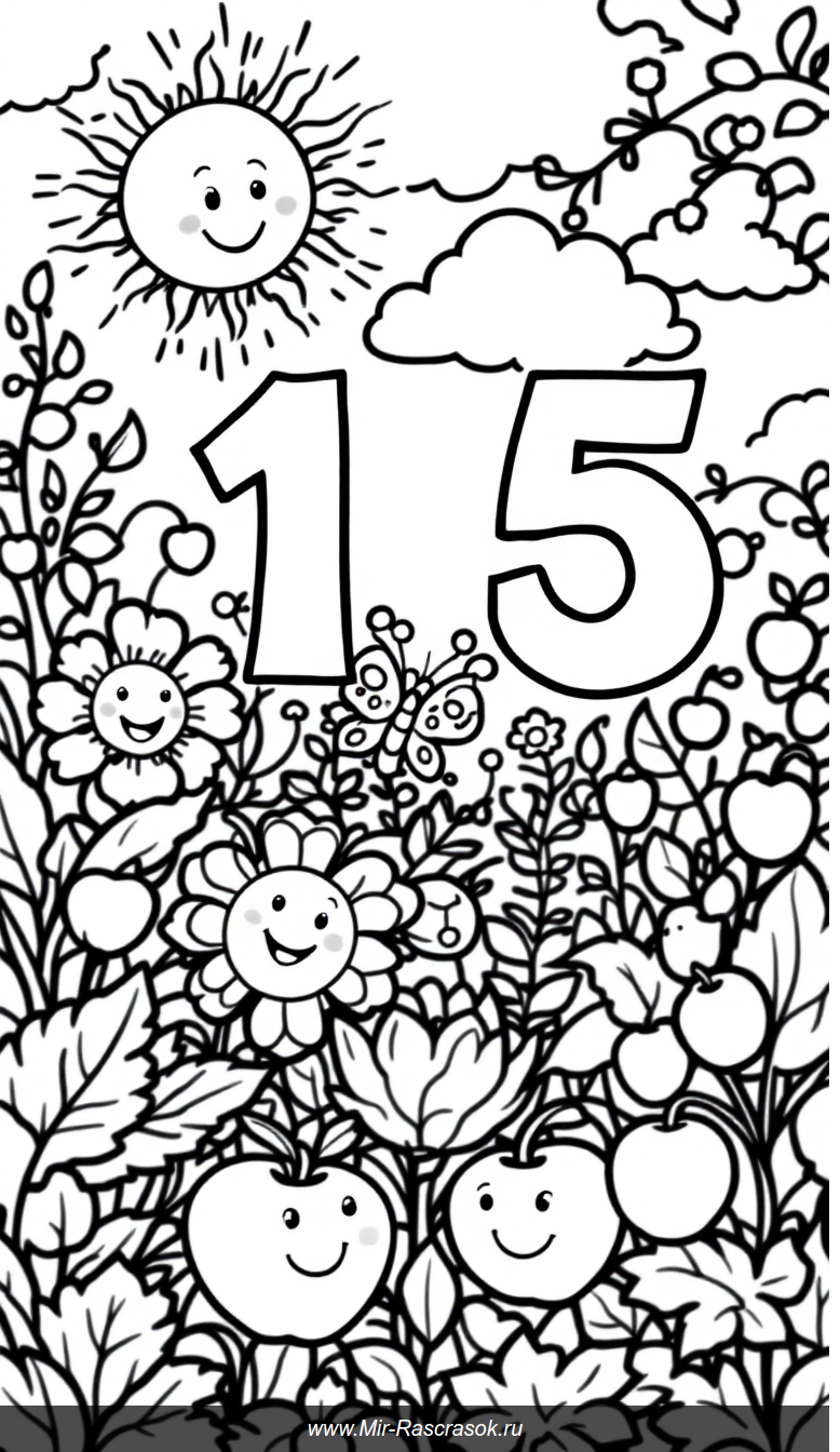 Раскраска с цифрами от 1 до 5 — учимся считать в веселом саду