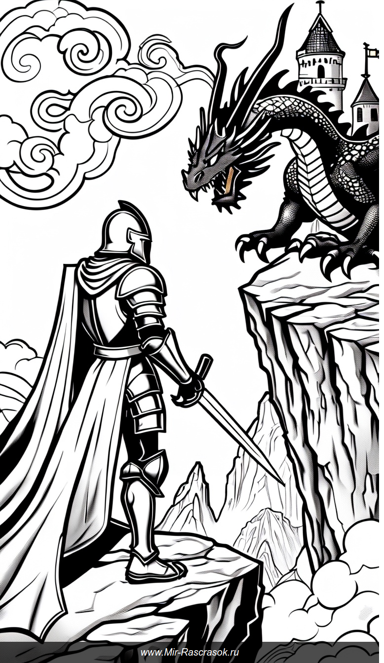 Отважный рыцарь против величественного дракона на фоне замка и облаков