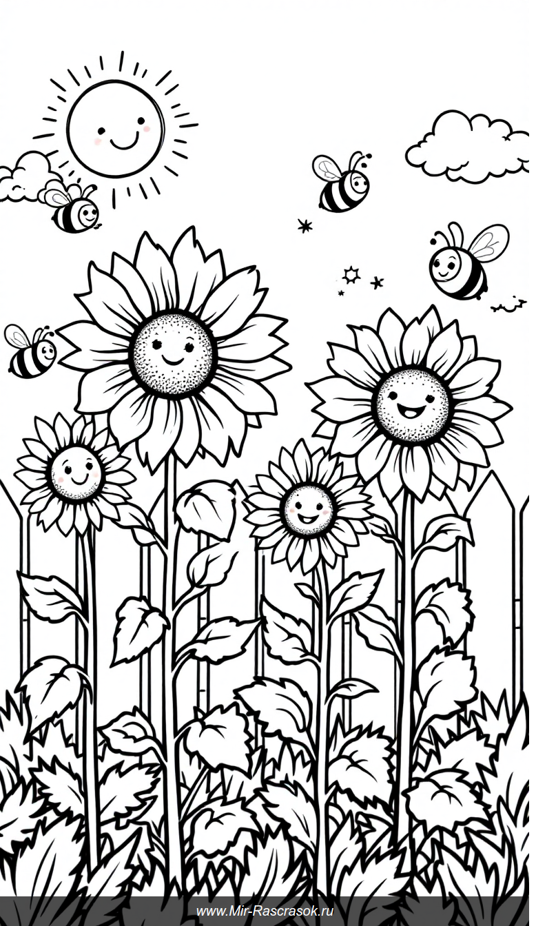 Весёлый сад с подсолнухами и пчёлами для детской раскраски