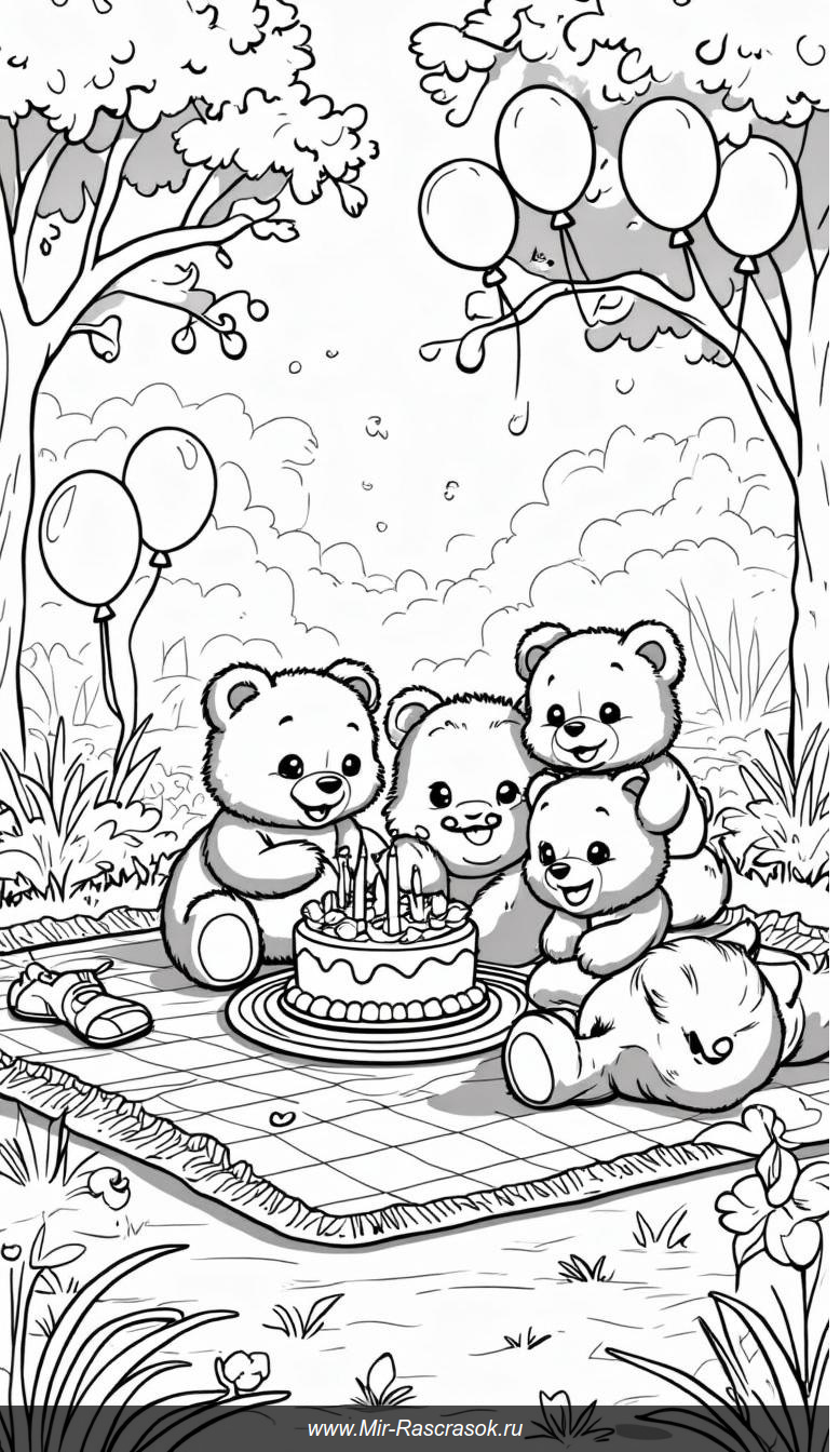 Уютный пикник с плюшевыми мишками для раскрашивания